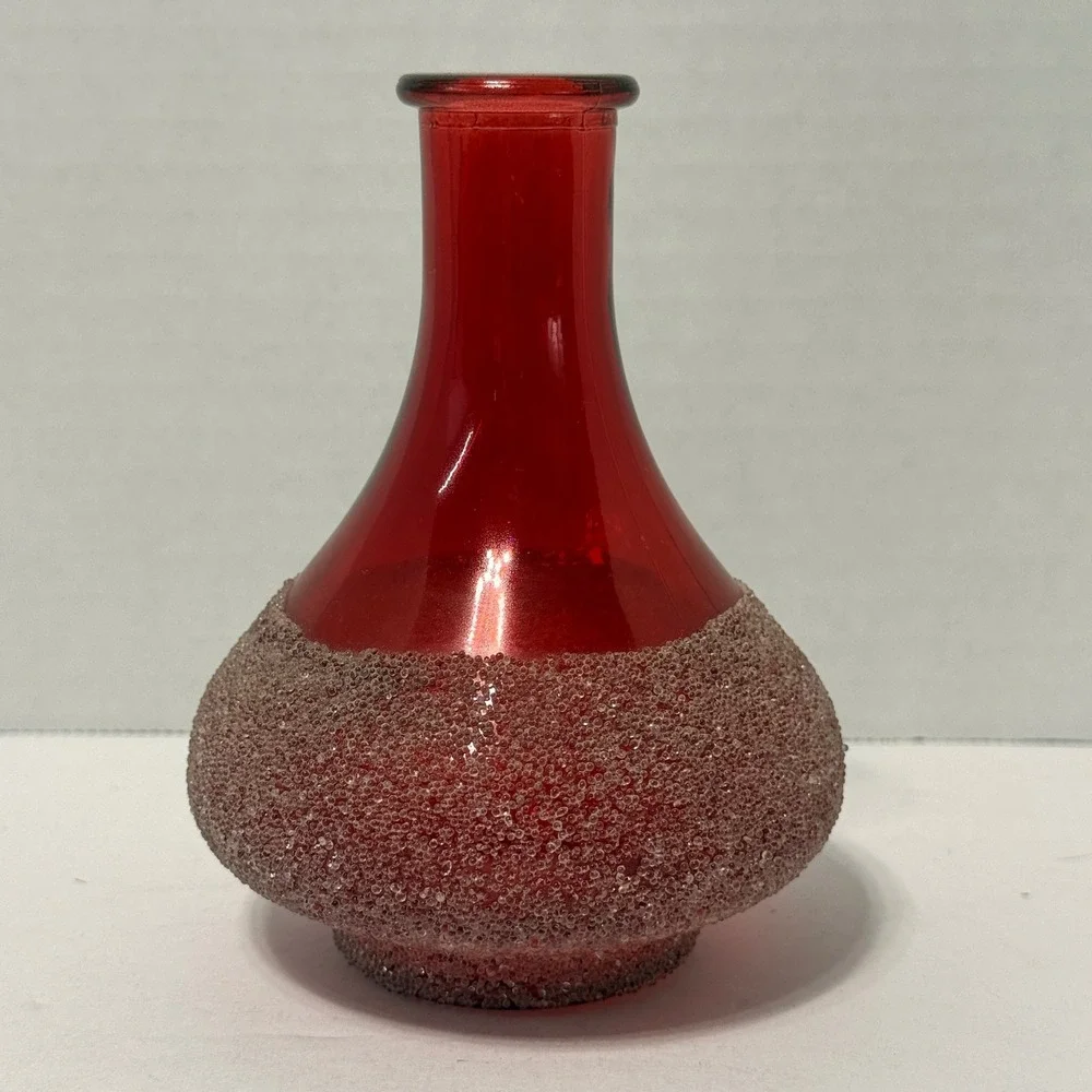 Vintage Red Glass Bud Vase with Textured Sugar Bead Base Mid Century Modern